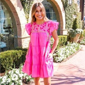 NWT$158 J.Marie Tiered Floral embroidered dress, cotton, pink, S, Small